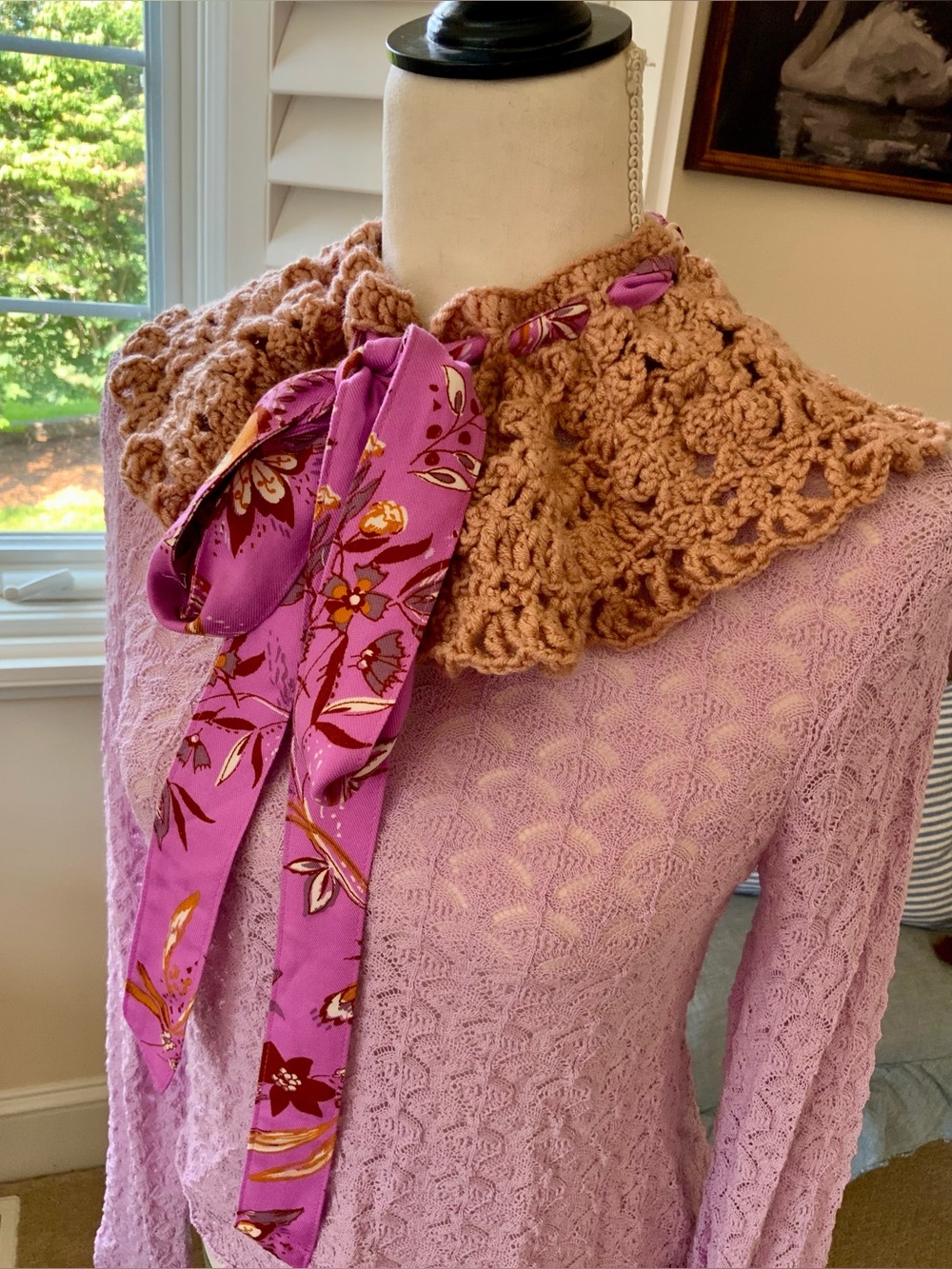 Handmade Vivid Fall Lilac Crochet Collar with Floral Tie